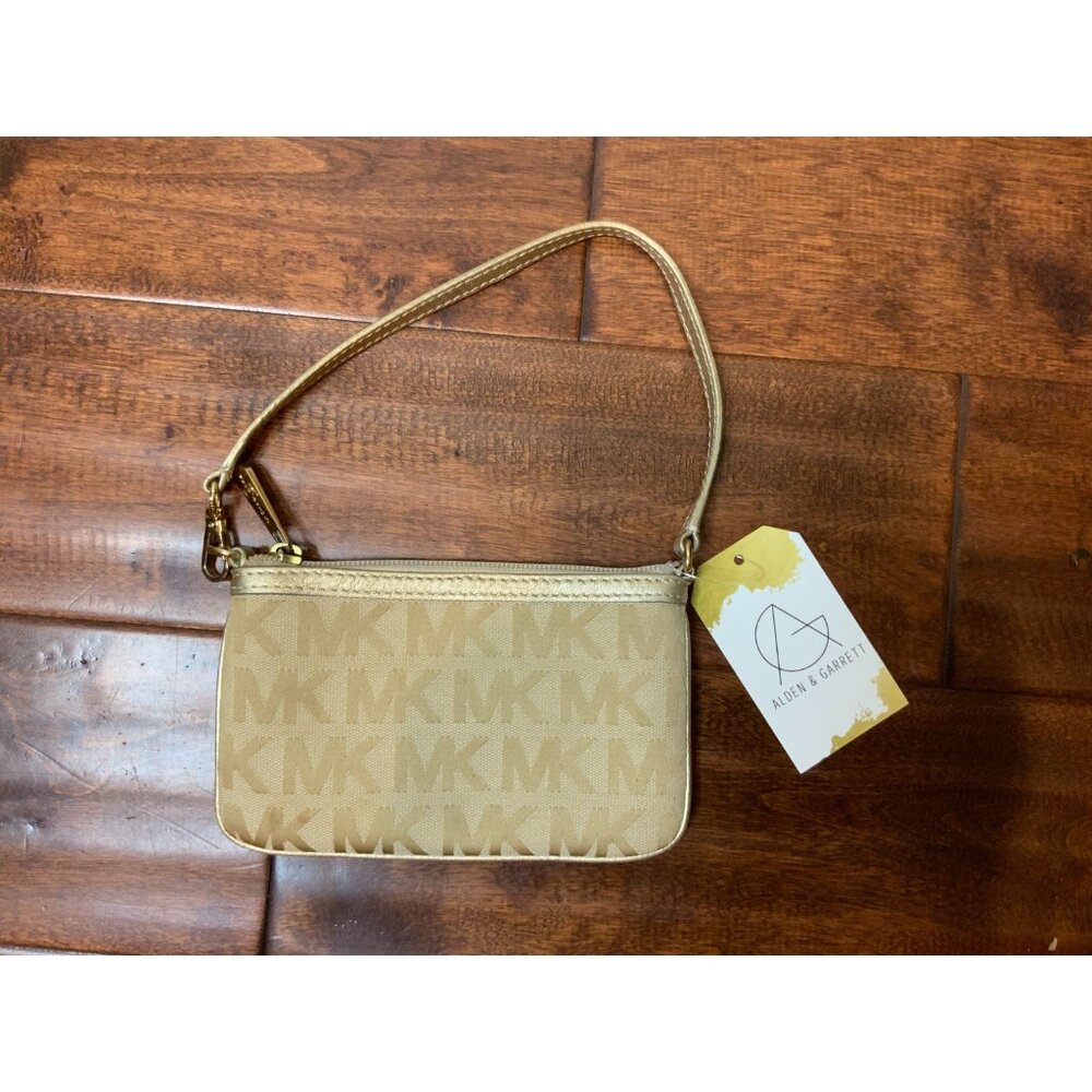 Michael Kors Gold Fabric Signature Monogram Embroidered Wristlet Wallet